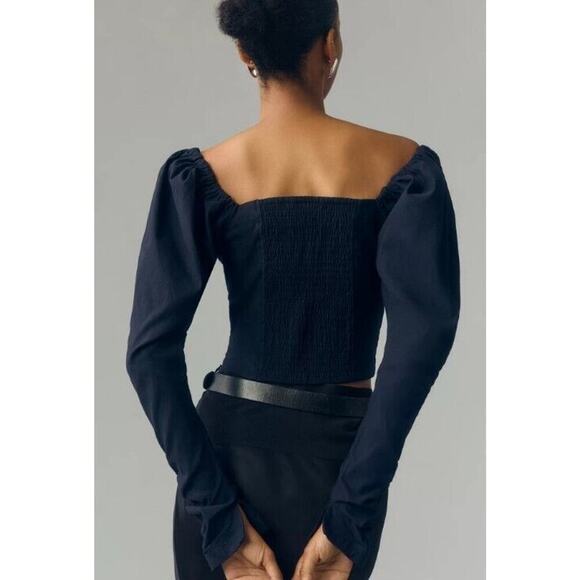 Anthropologie Maeve Top S Navy Blue Wynne Square Neck Smocked Back Shirt NEW - Picture 3 of 12